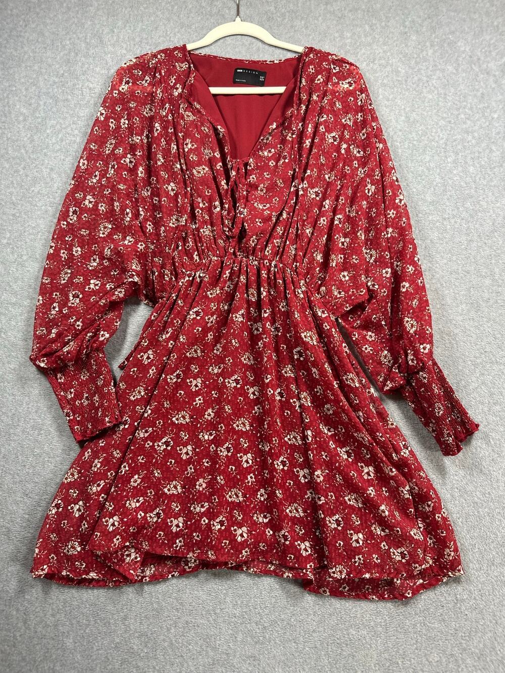 Asos Aboodi Dress Size 6 Red Floral Tie Split Neck Wide Crossover Casual Party
